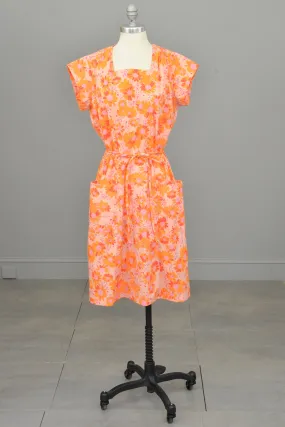 1950s 60s Pink Orange Floral Print Pockets Wrap House Dress