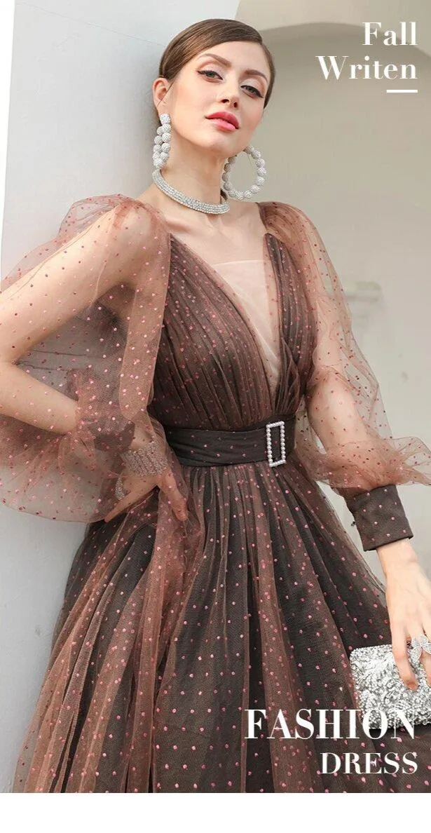 1950's Vintage inspired polka dot mesh tulle brown midi tea length princess ball dress - Kioa