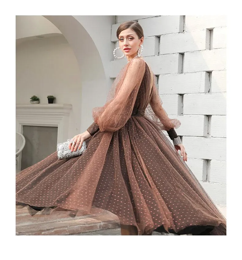 1950's Vintage inspired polka dot mesh tulle brown midi tea length princess ball dress - Kioa