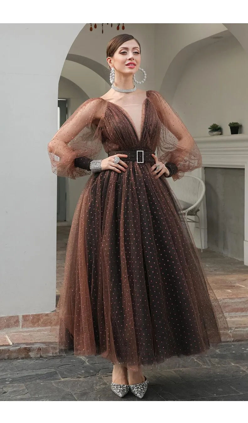 1950's Vintage inspired polka dot mesh tulle brown midi tea length princess ball dress - Kioa