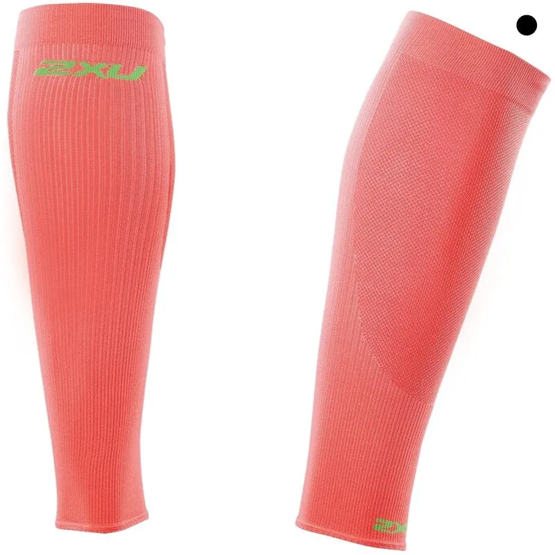 2XU Performance Run Calf Sleeves Fluro Coral/Green Medium