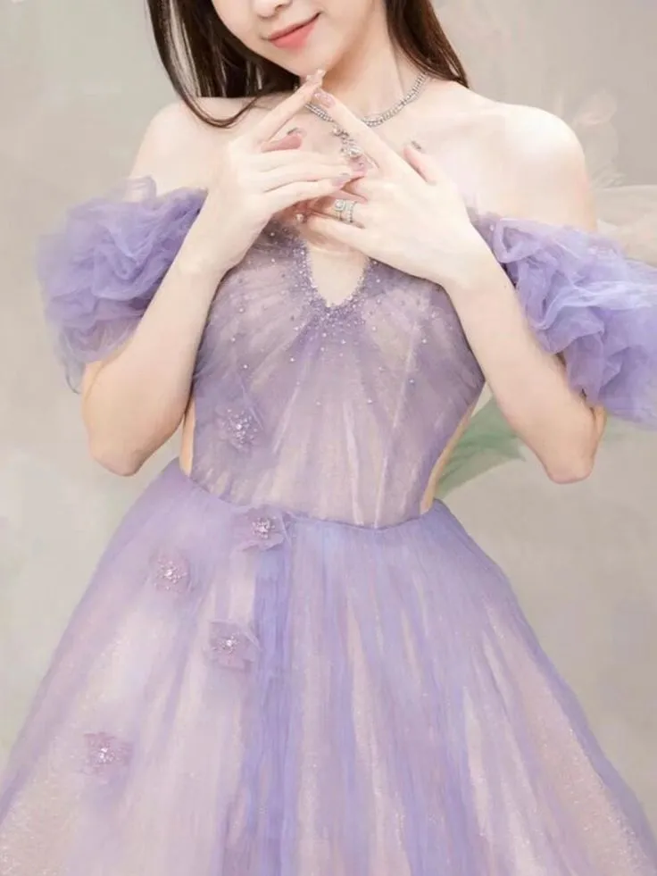 A-Line Off Shoulder Purple Tulle Long Prom Dress, Purple Formal Dress       fg5416