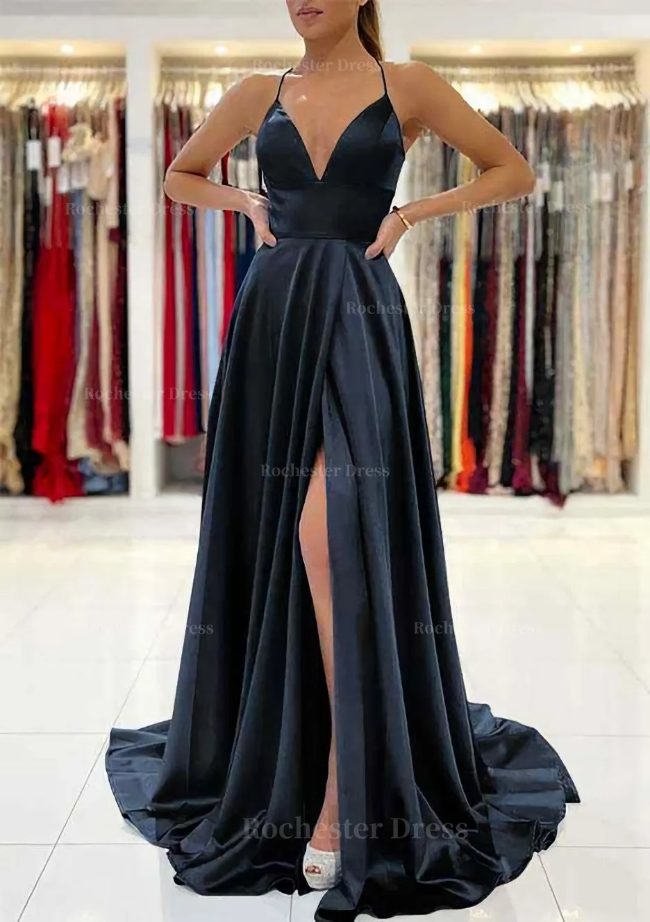 A-line V Neck Sleeveless Charmeuse Sweep Train Prom Dress With Split