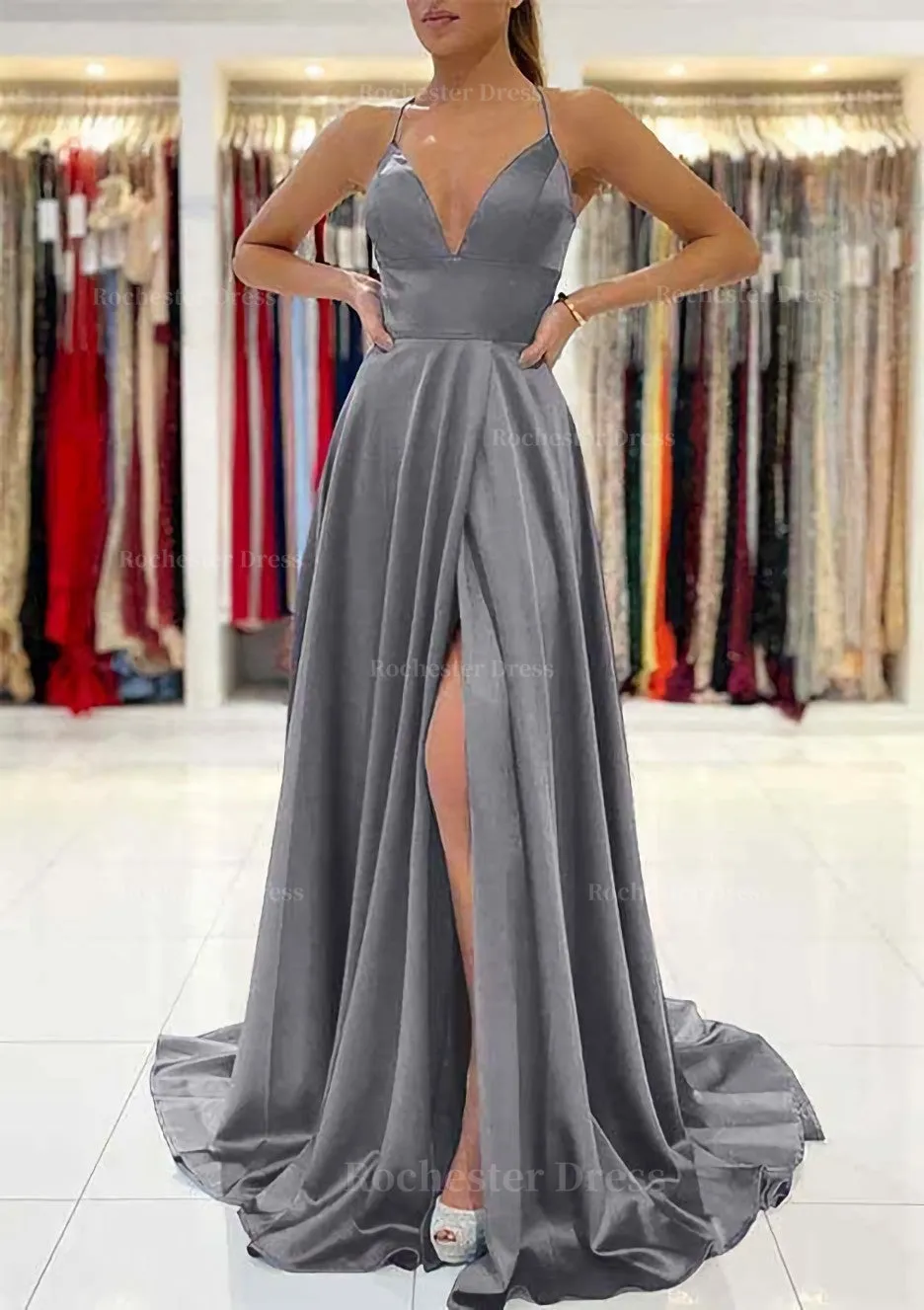 A-line V Neck Sleeveless Charmeuse Sweep Train Prom Dress With Split