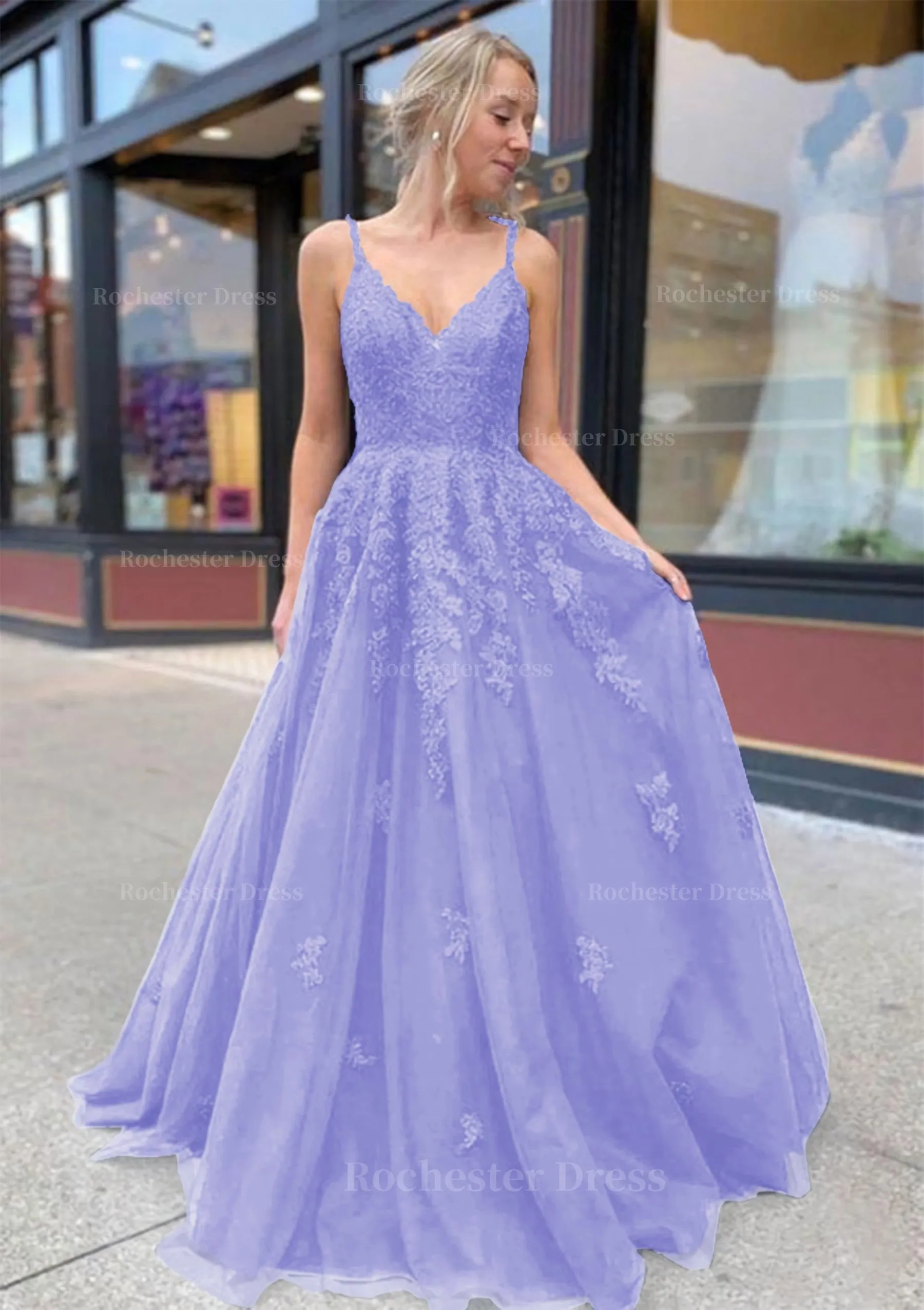 A-line/Princess V Neck Sweep Train Lace Prom Dresses