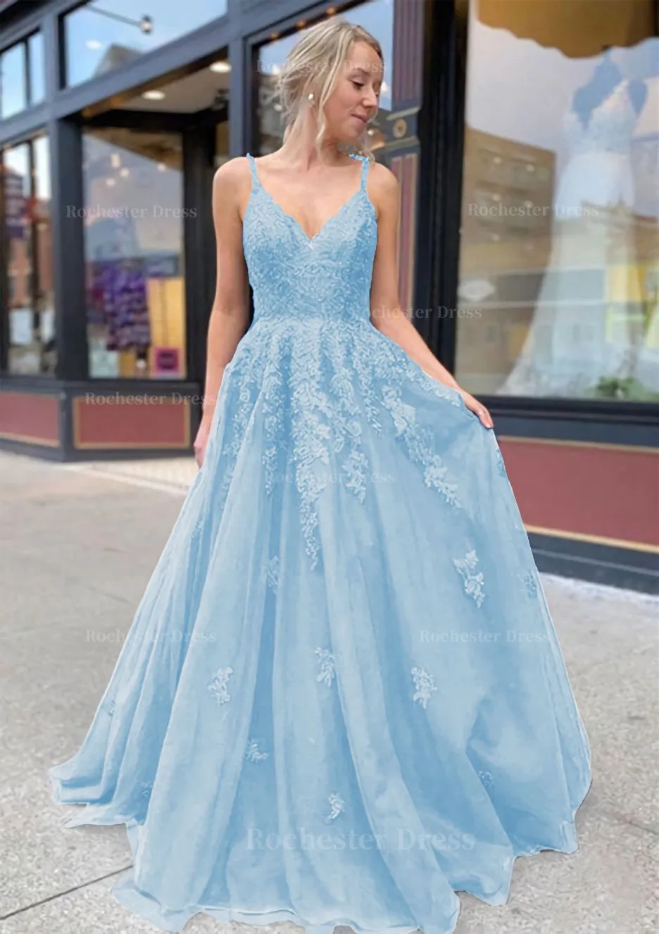 A-line/Princess V Neck Sweep Train Lace Prom Dresses