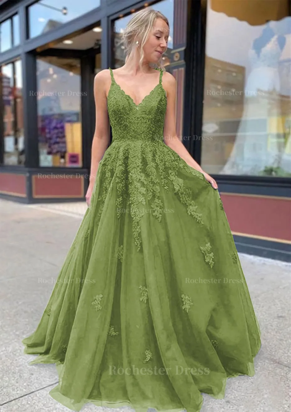 A-line/Princess V Neck Sweep Train Lace Prom Dresses