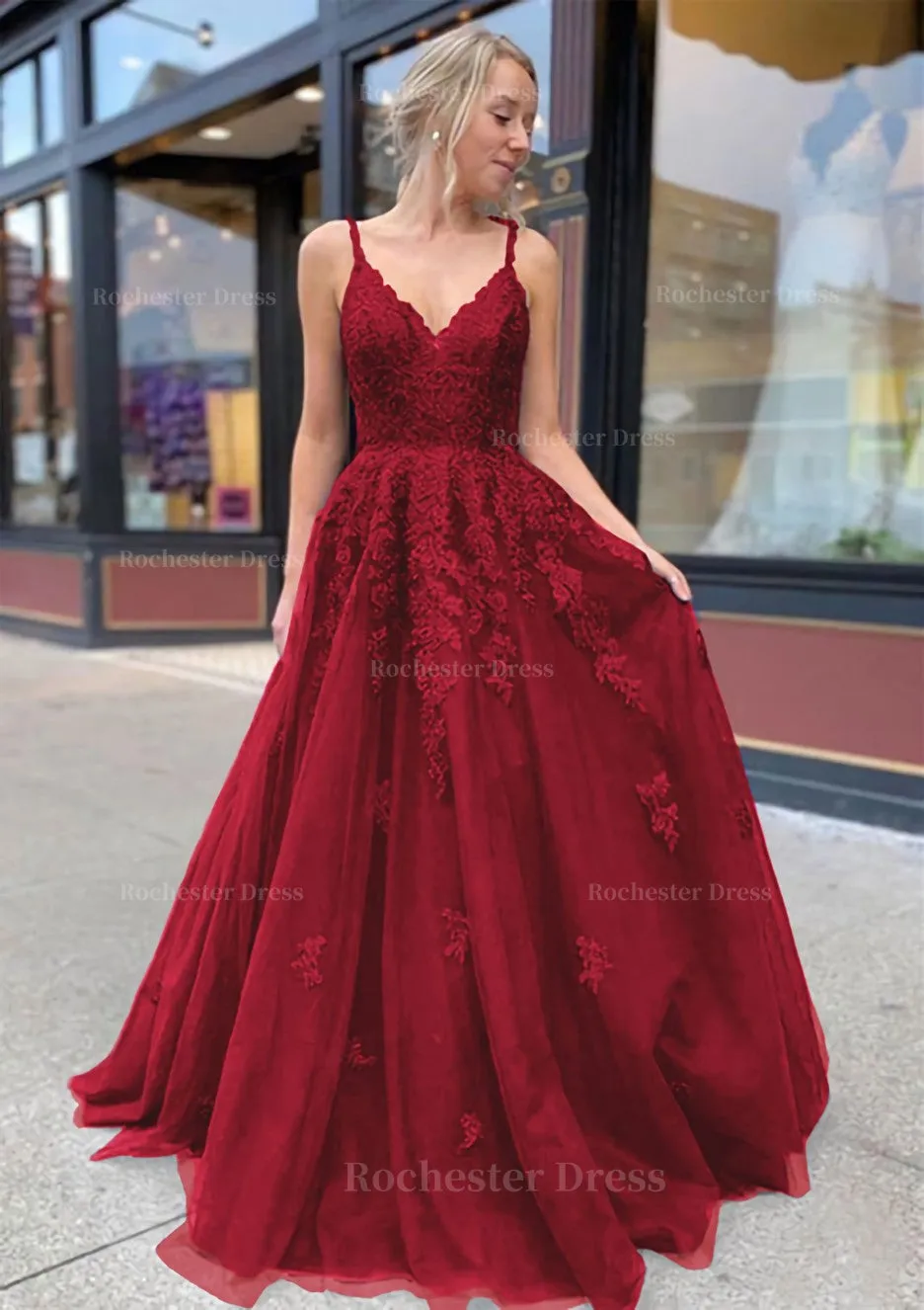 A-line/Princess V Neck Sweep Train Lace Prom Dresses