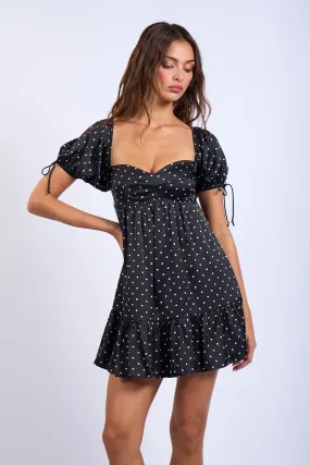 Addison Black Dot Puff-Sleeve Mini Dress