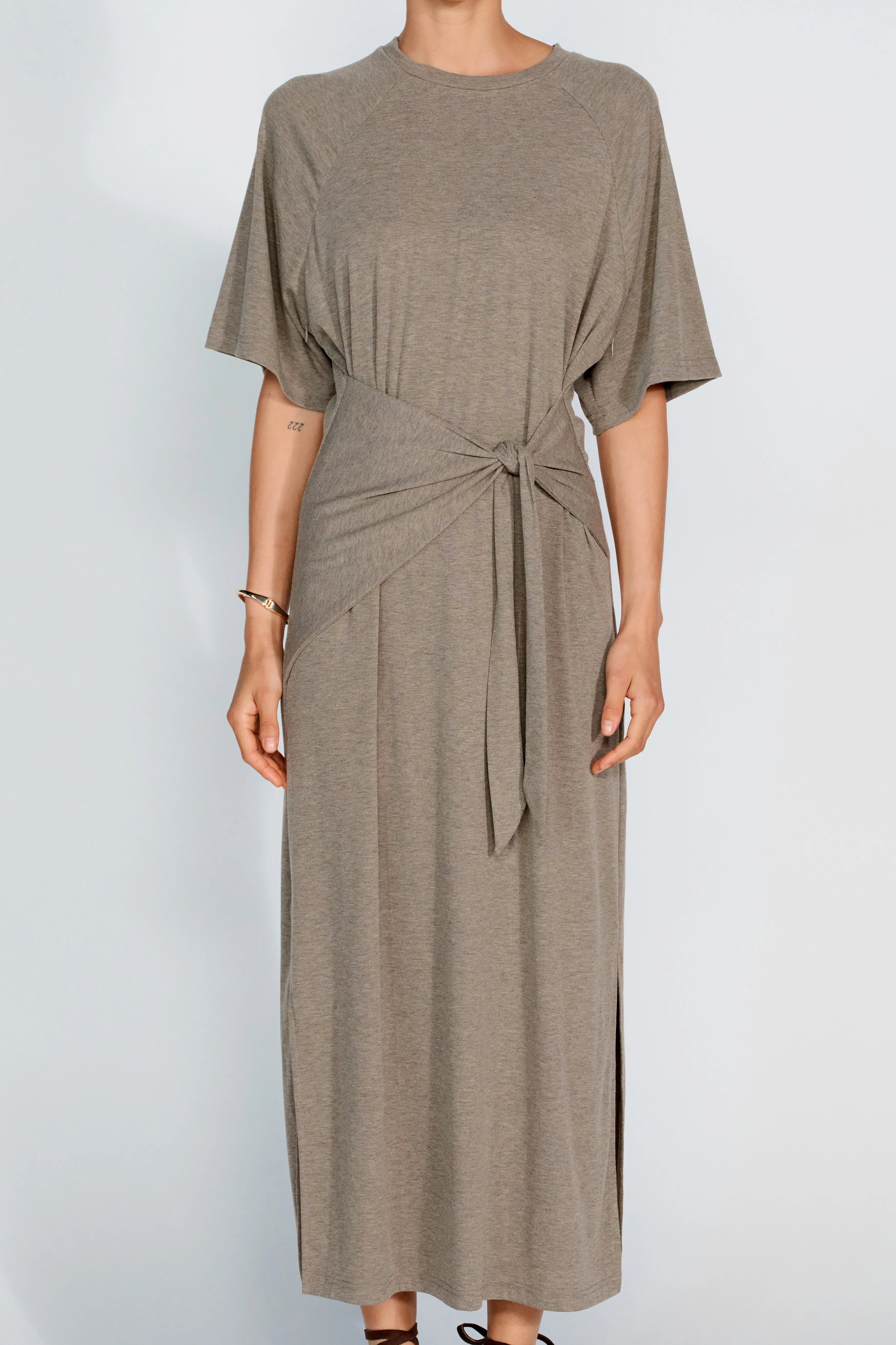 Alia Tie-Detail Box-Cut Tee Dress - Taupe