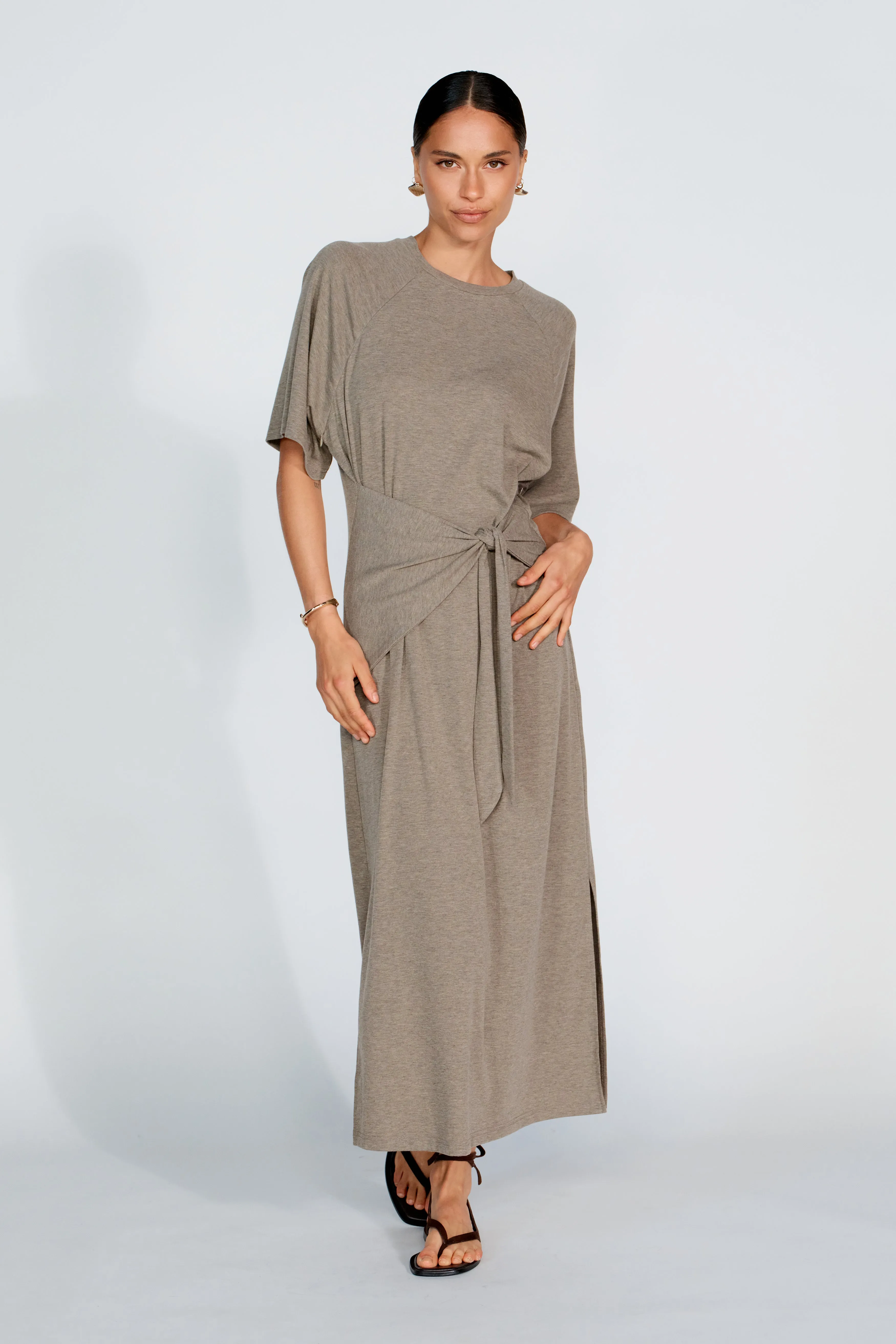 Alia Tie-Detail Box-Cut Tee Dress - Taupe