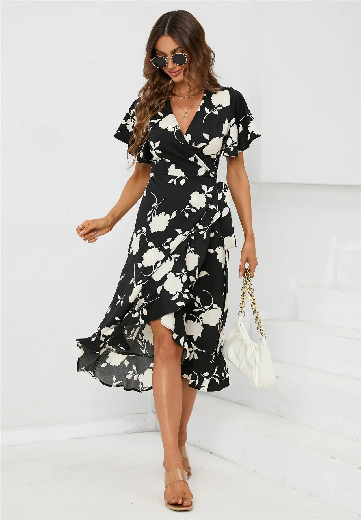 Angel Sleeve Wrap Midi Dress In Black