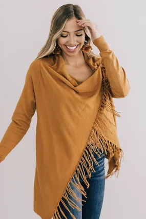 Aspen Arrival Fringe Cardigan In Mustard