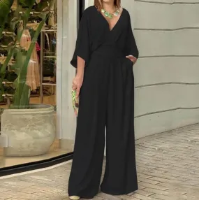 Bat Sleeve Wide Leg Solid Color Simple Temperament Elegant V-neck Women Jumpsuit XL 001406015