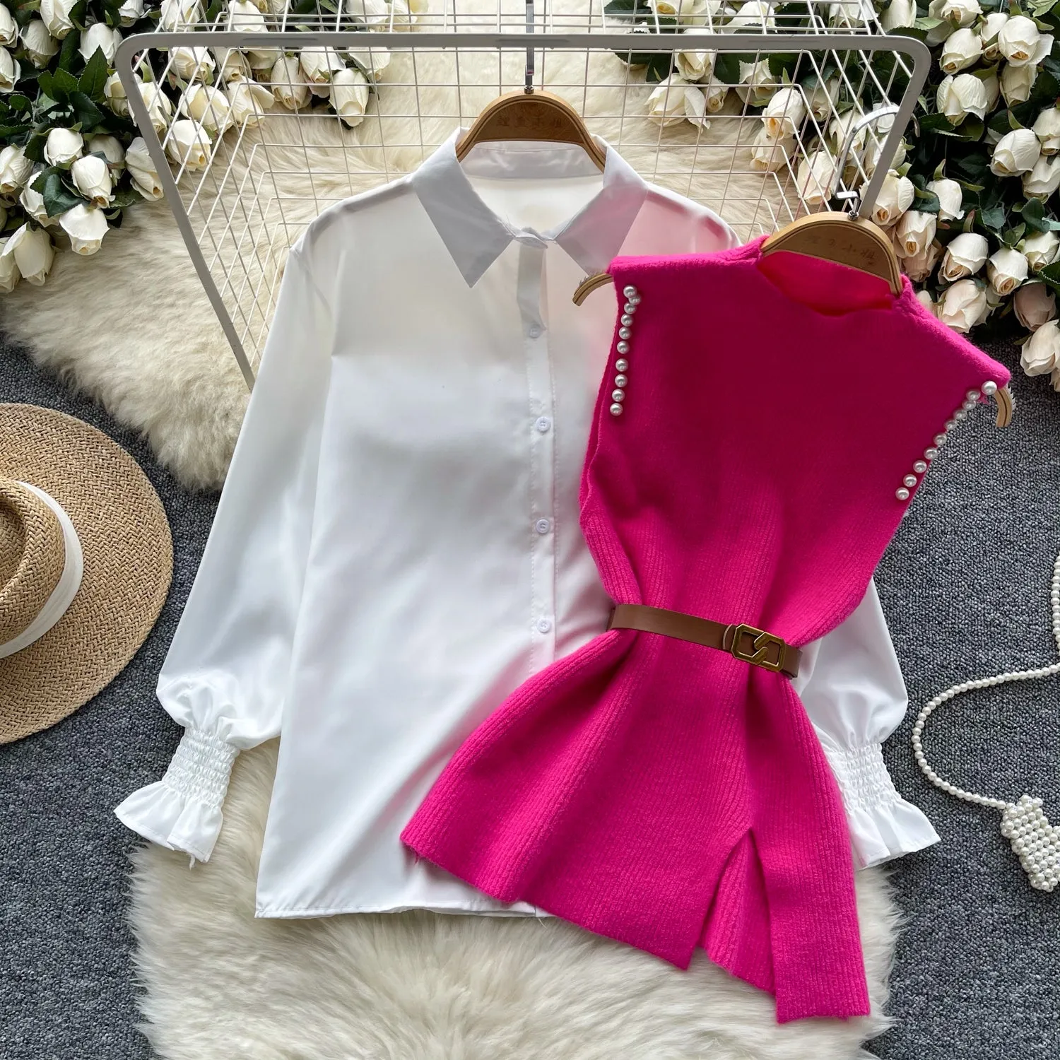 Beaded Knitted Vest&White Shirt 2Pcs