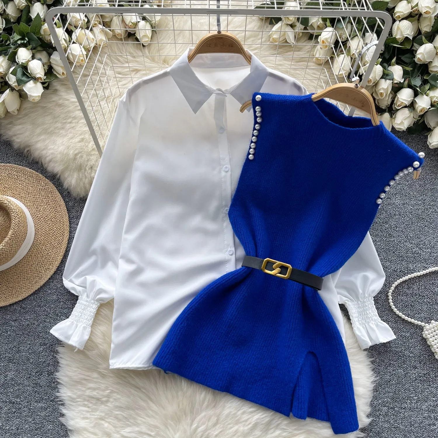 Beaded Knitted Vest&White Shirt 2Pcs