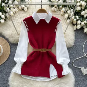 Beaded Knitted Vest&White Shirt 2Pcs