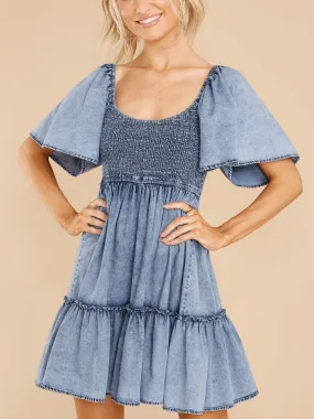 BILLY DENIM SMOCKED BABYDOLL MINI DRESS