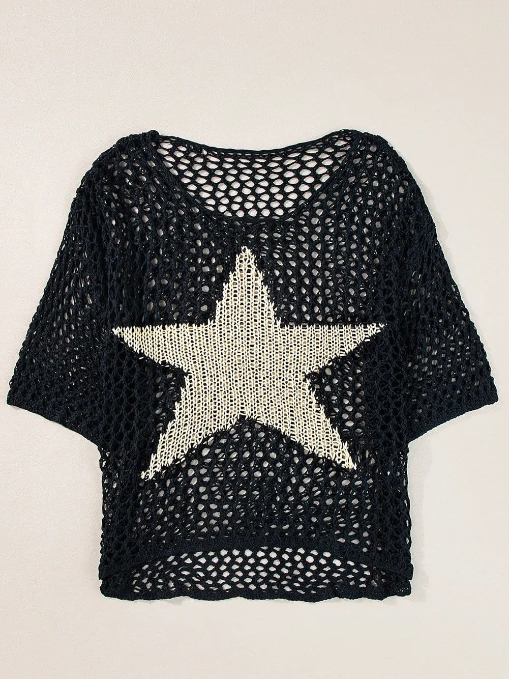 Black Crochet Knit Top with Star Graphic