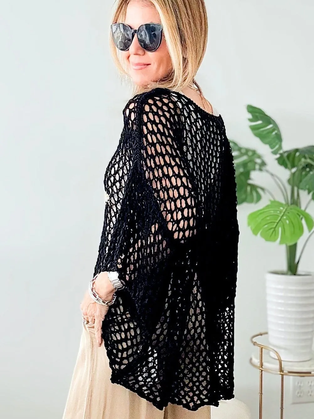 Black Crochet Knit Top with Star Graphic