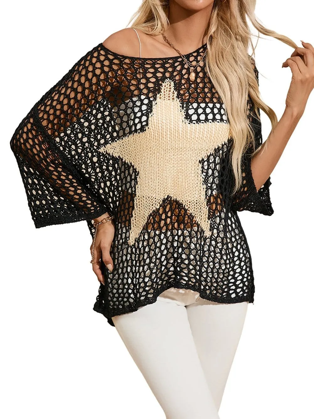 Black Crochet Knit Top with Star Graphic