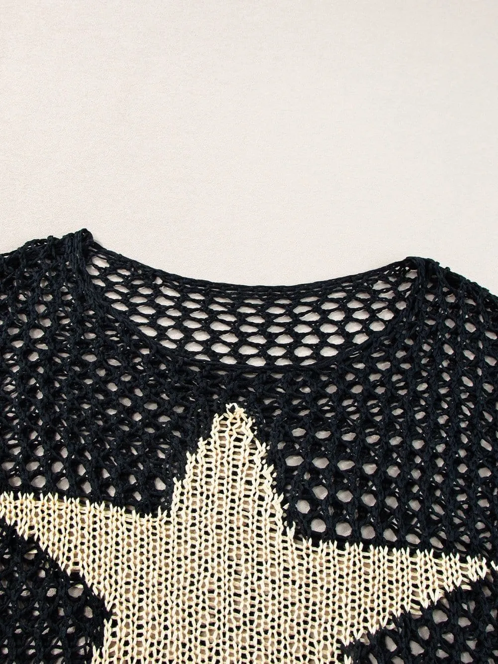 Black Crochet Knit Top with Star Graphic