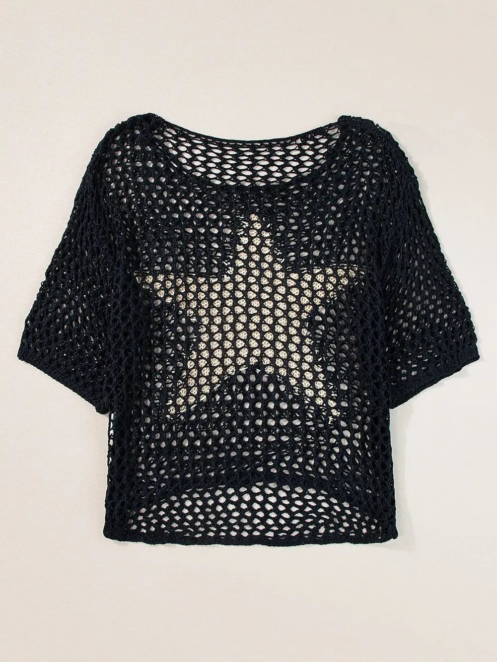 Black Crochet Knit Top with Star Graphic