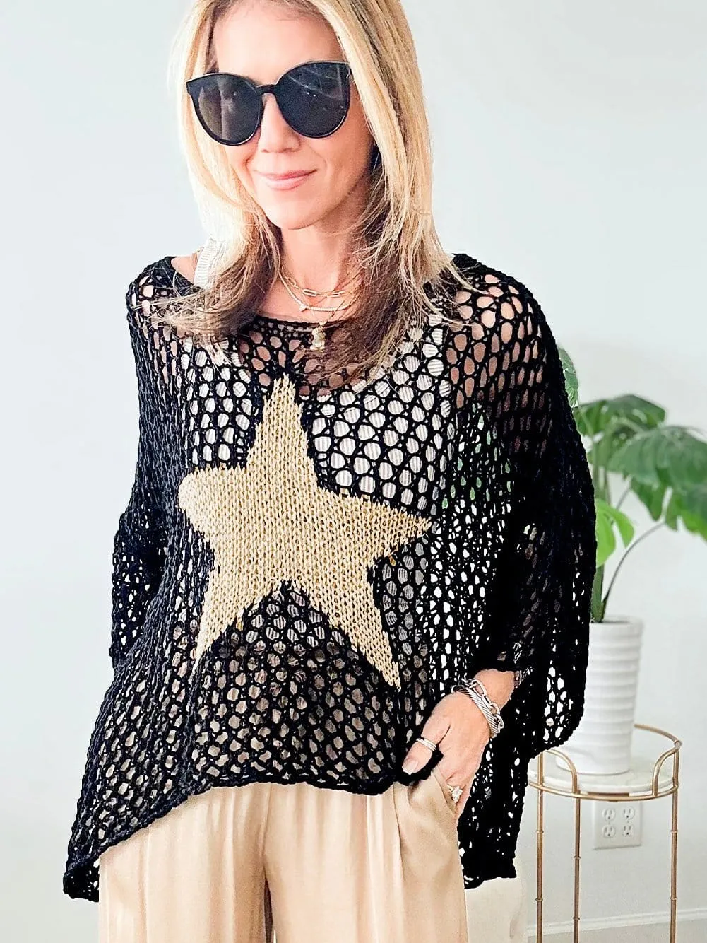 Black Crochet Knit Top with Star Graphic