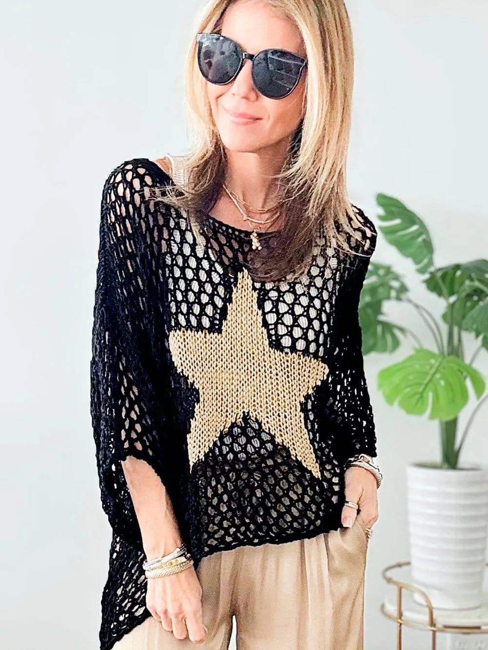 Black Crochet Knit Top with Star Graphic