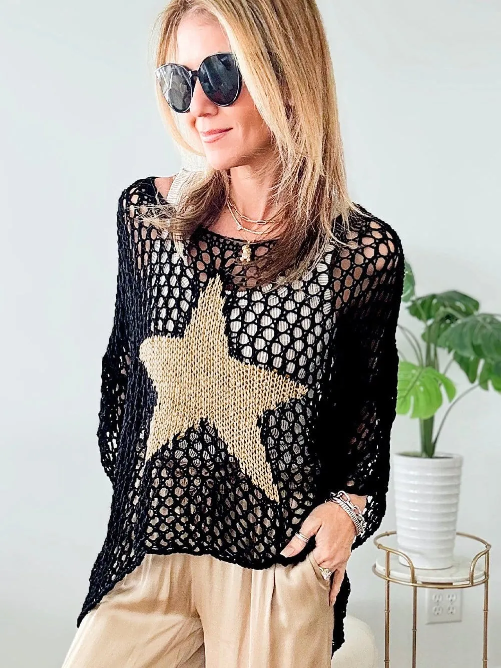 Black Crochet Knit Top with Star Graphic