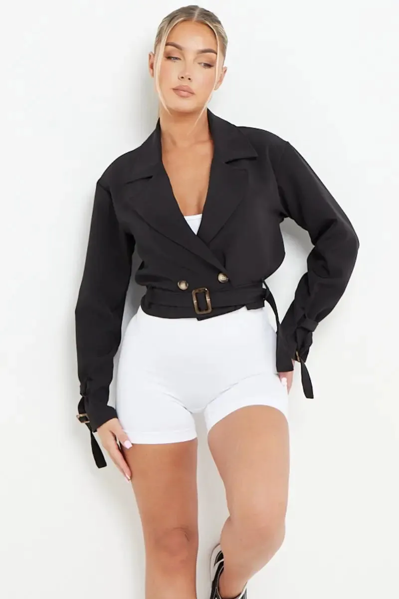 Black Notch Lapel Belt Decor Short Jacket