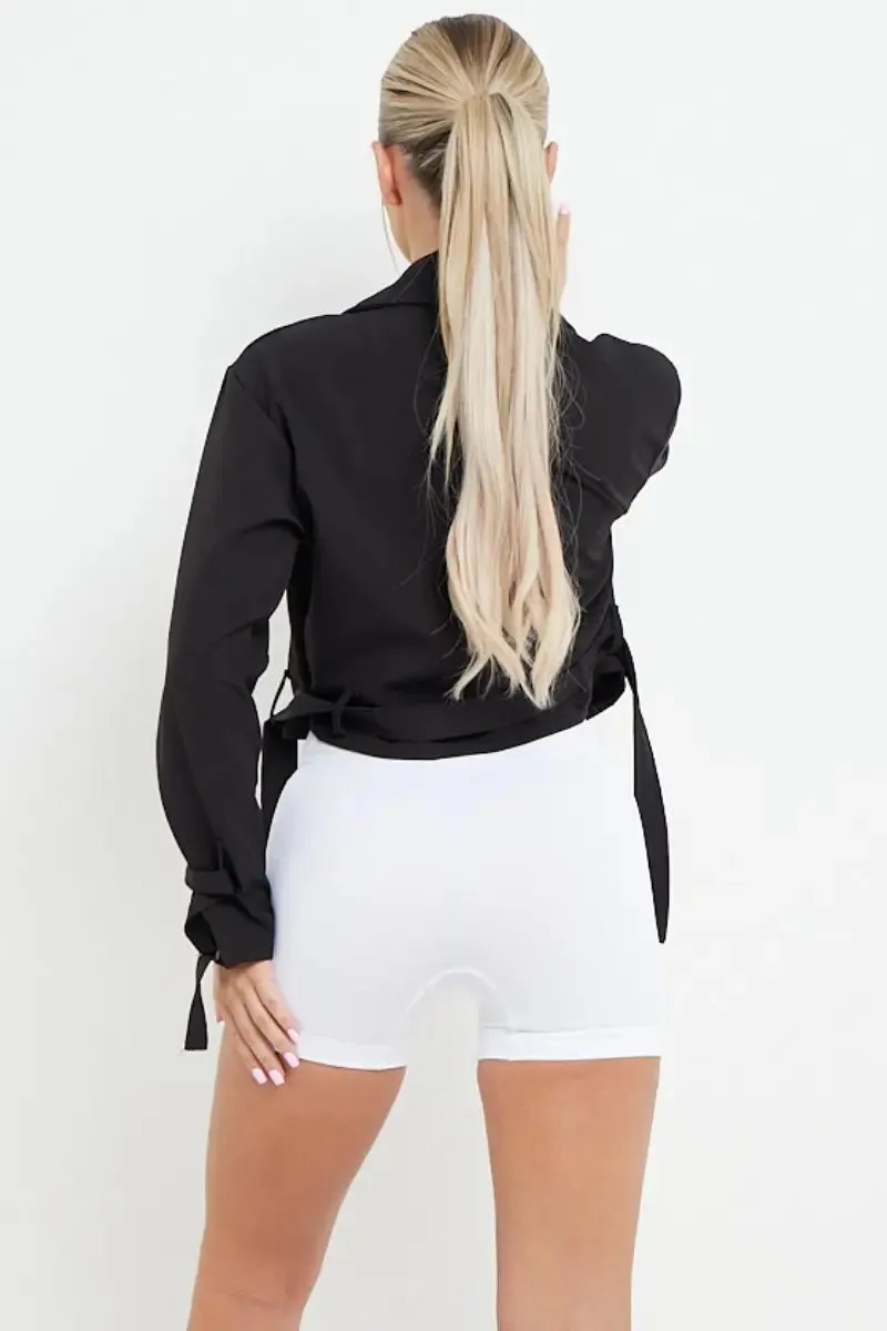 Black Notch Lapel Belt Decor Short Jacket