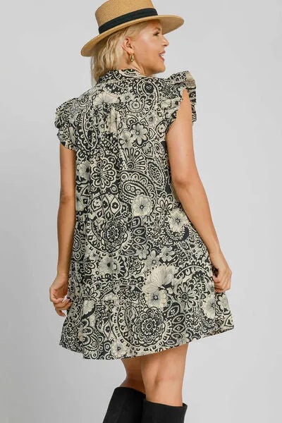 Black Printed Ruffle Cap Sleeve Babydoll Dress