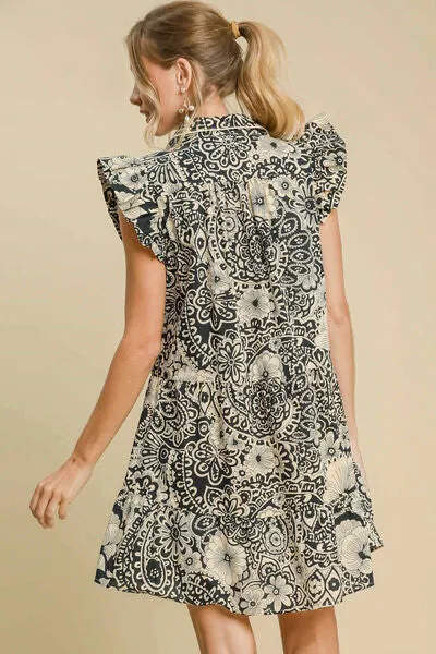 Black Printed Ruffle Cap Sleeve Babydoll Dress