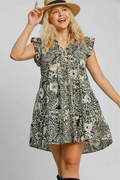 Black Printed Ruffle Cap Sleeve Babydoll Dress