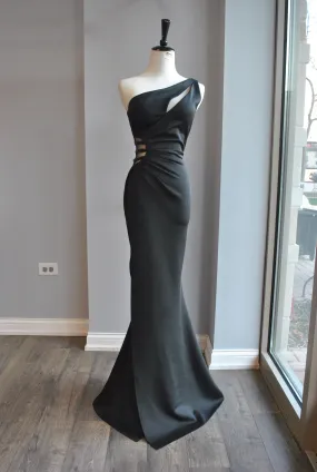 BLACK SIMPLE ONE SHOULDER LONG EVENING GOWN WITH SIDE SLIP