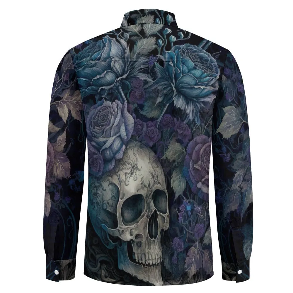 Blue Floral Skull Casual One Pocket Long Sleeve Shirt