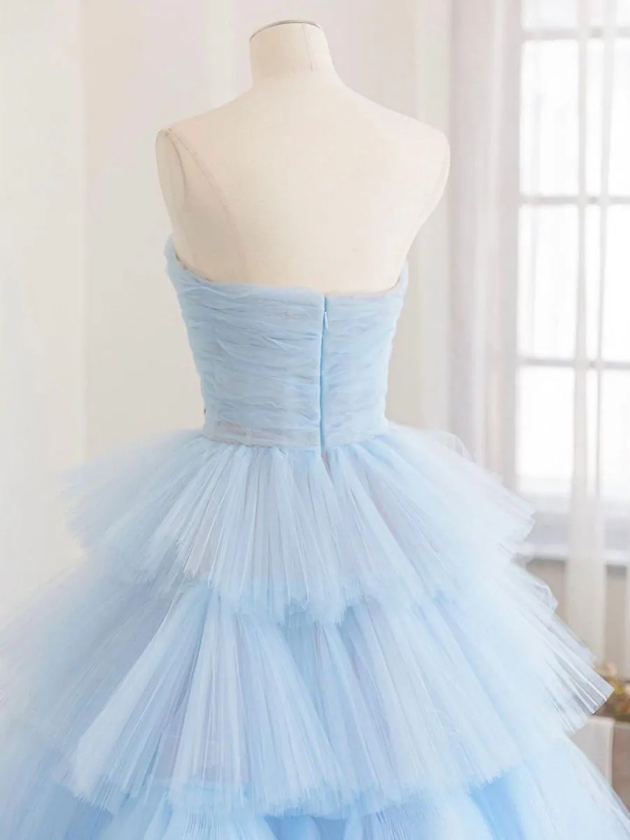 Blue Tulle Long Prom Dress, Blue Tulle Ball Gown Evening Dresses