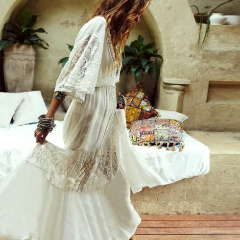 Boho Summer White Lace Maxi Dress for Women, Cotton Bohemian Dress