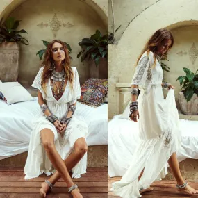 Boho Summer White Lace Maxi Dress for Women, Cotton Bohemian Dress