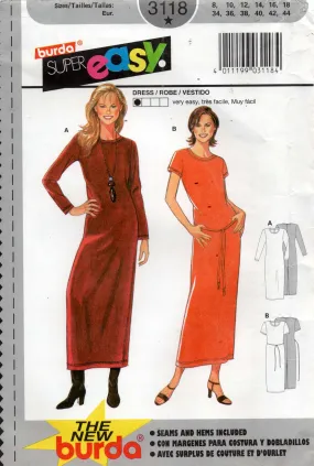 Burda 3118 Womens EASY Stretch T Shirt Dress 1990s Vintage Sewing Pattern Sizes 8 - 18 UNCUT Factory Folded