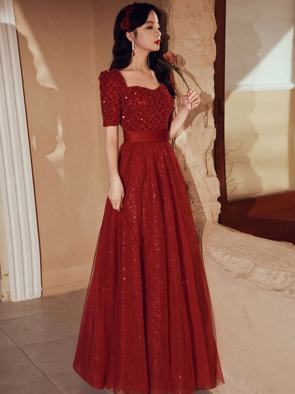 Burgundy Aline Beading Long Prom Dress, Burgundy Tulle Formal Dress