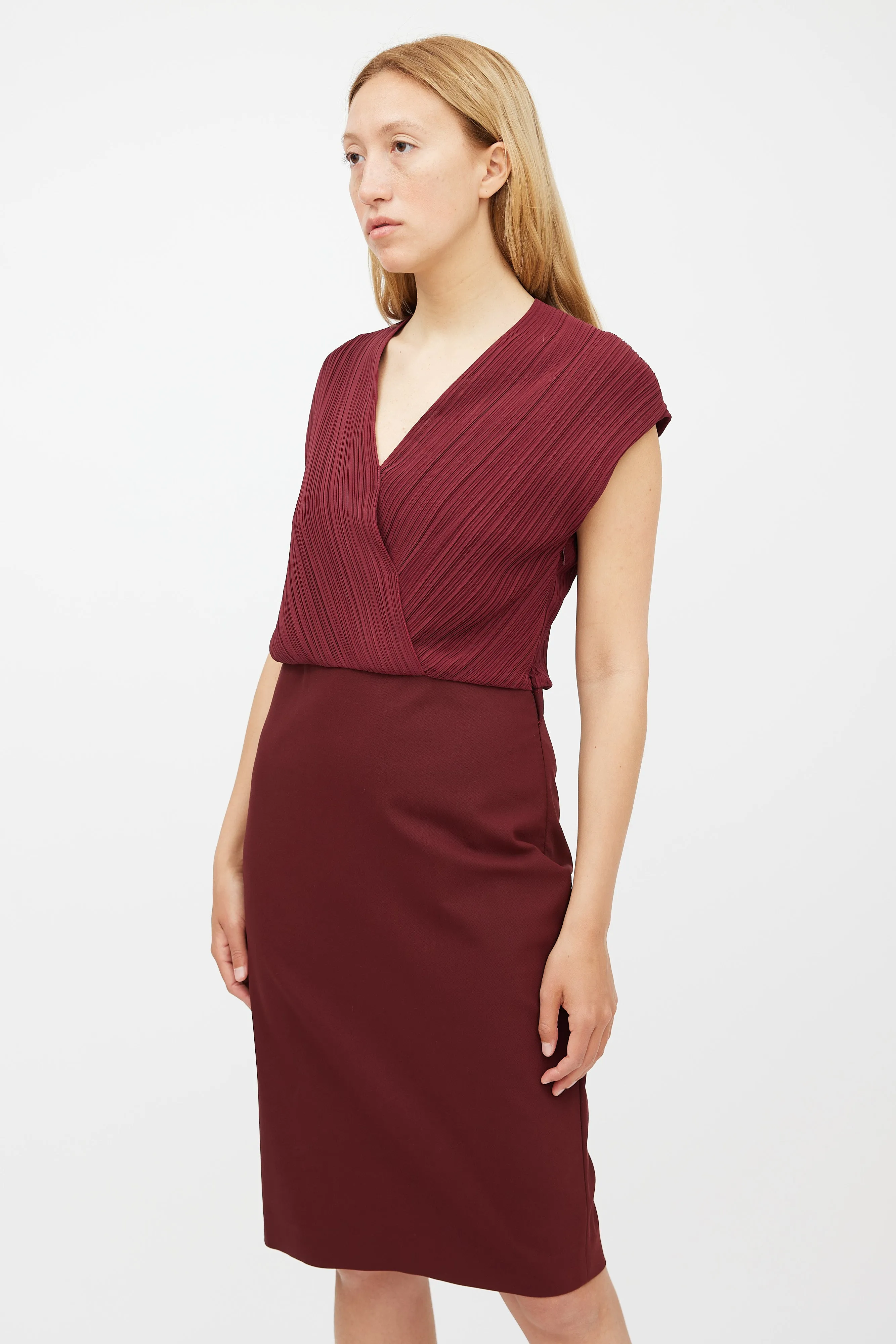 Burgundy Pleated Wrap Dress