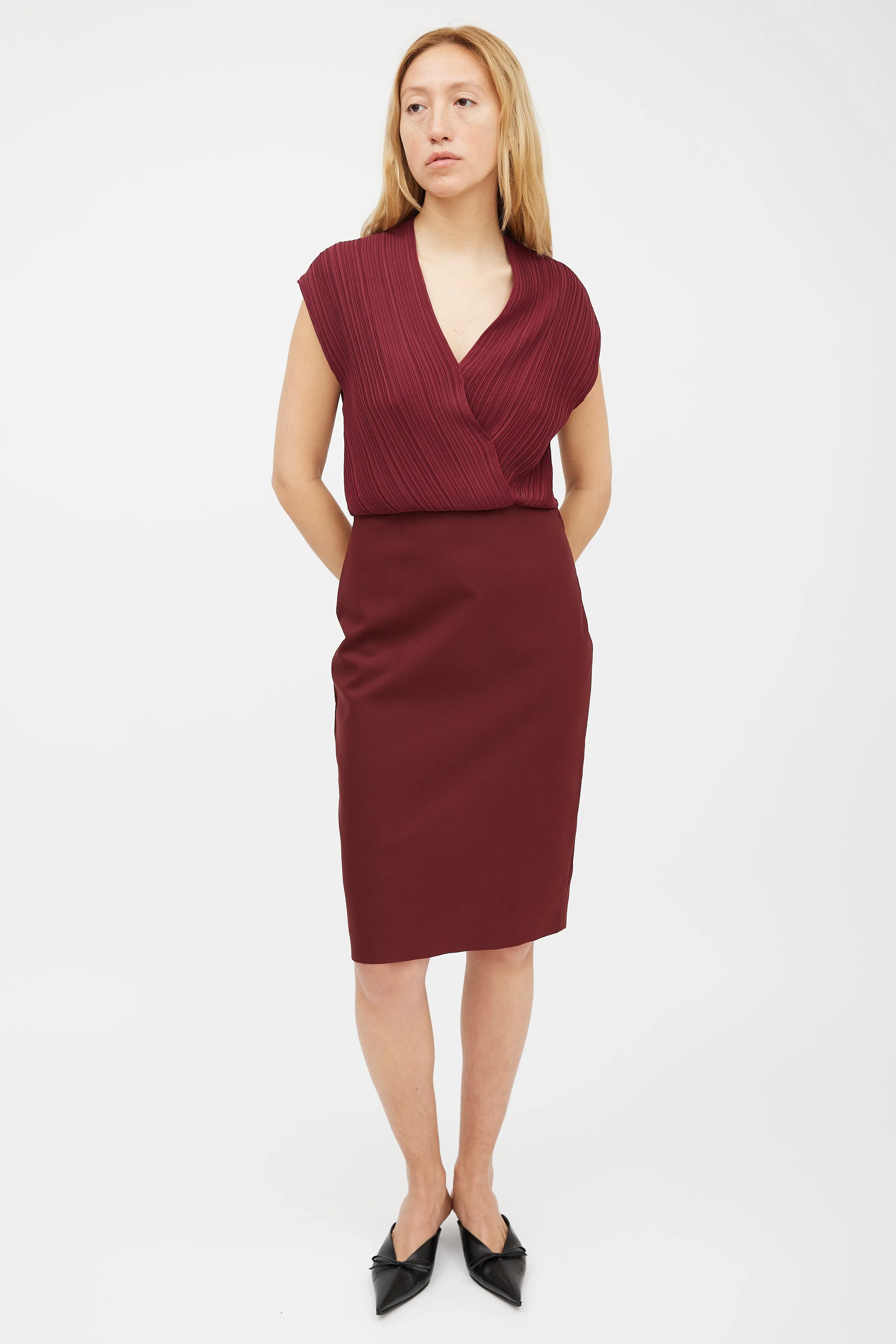 Burgundy Pleated Wrap Dress