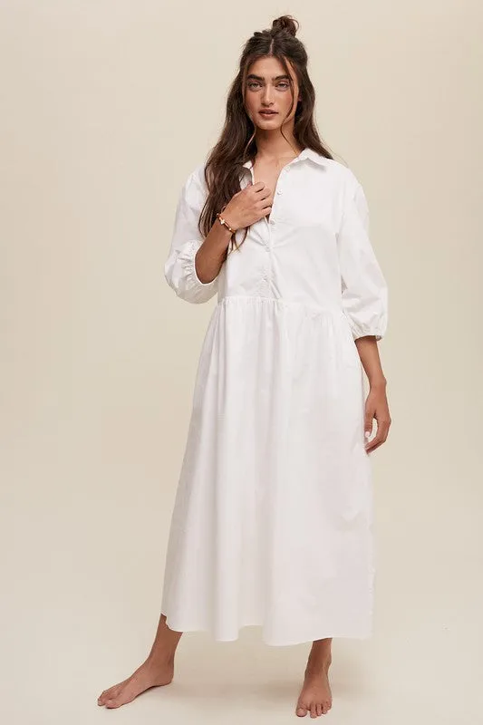 Button Front Puff Sleeve Babydoll Maxi Dress