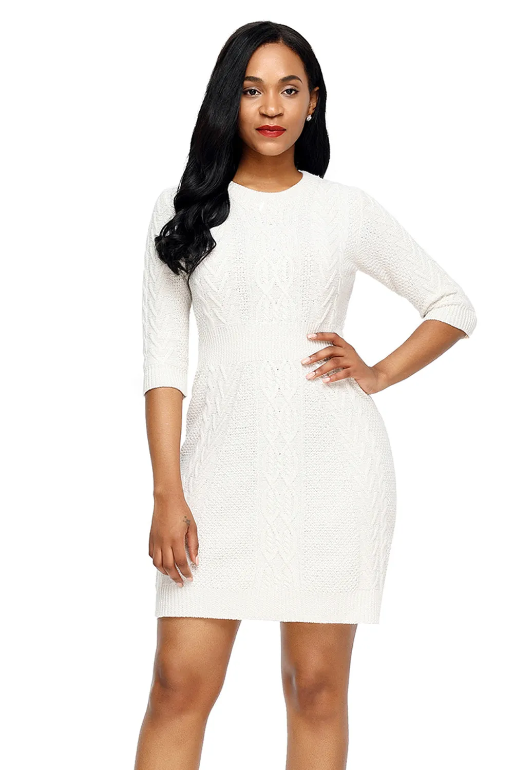 Cable Knit Fitted 3/4 Sleeve Sweater Dress