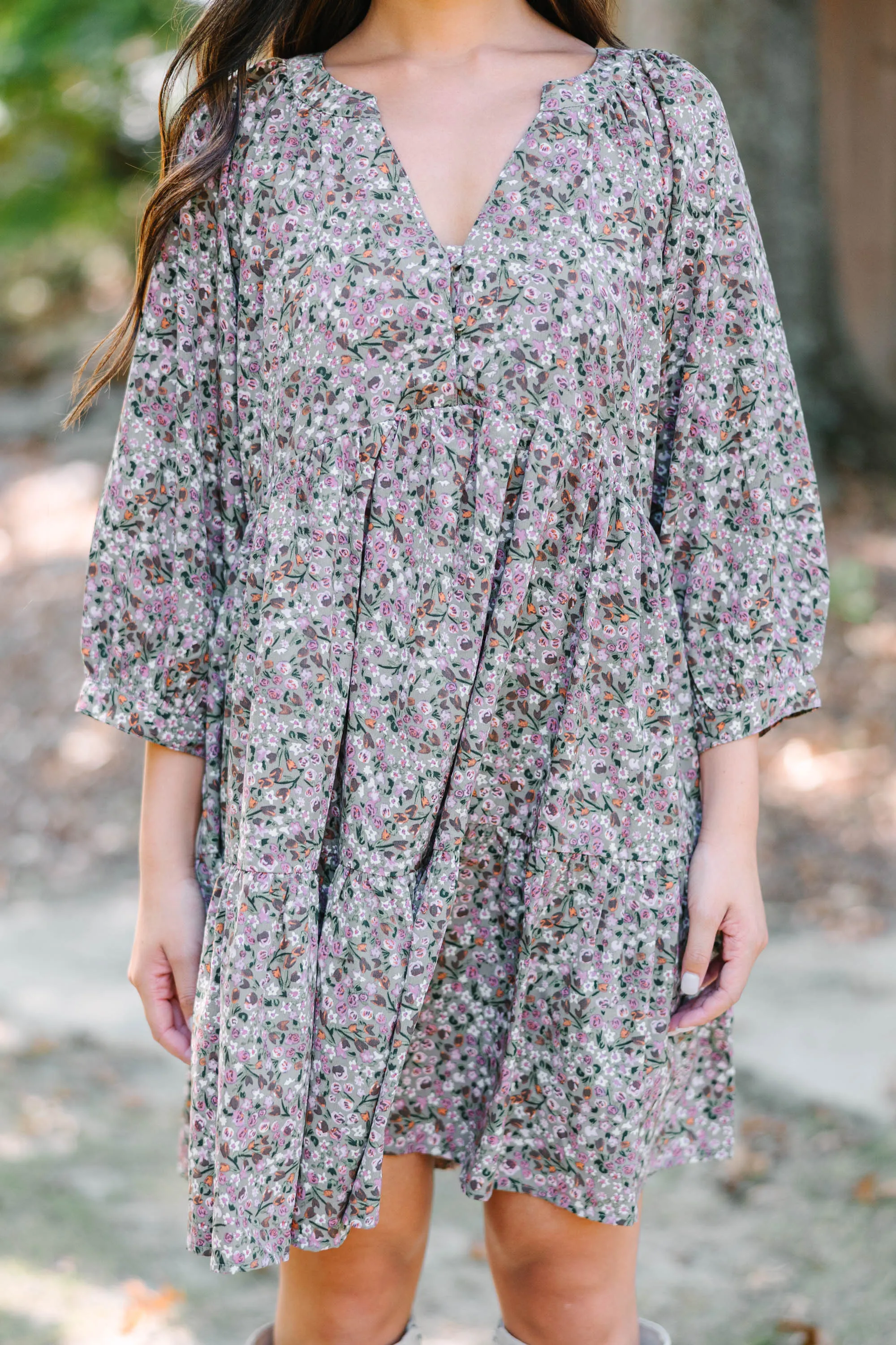 Can't Be Outdone Gray Ditsy Floral Dress