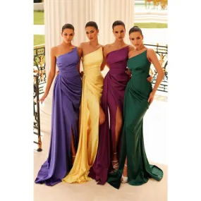 Chic One Shoulder Satin Pleats Long Mermaid Prom Formal Dress with Slit