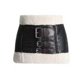 Colorblock Patchwork Lambswool Slimming Mini Skirts For Women High Waist Spliced Belt Bodycon Leather Skirt Female