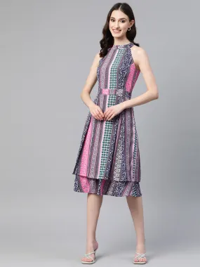 Cottinfab Ethnic Motifs Halter Neck Layered Crepe Midi Dress